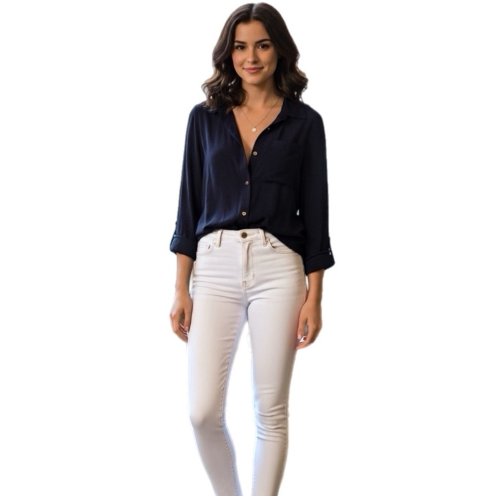 Lilly‎ Pulitzer Top Navy Silk Button Down Shirt Blouse Size Small P2P 19"